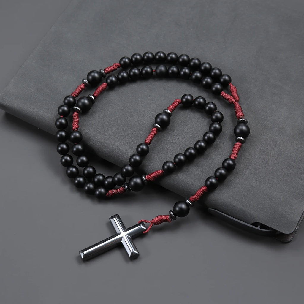Matte Black Round Beads Red Cord Necklace with Cross Pendant Rosary for Men and Women