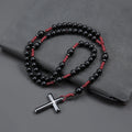 Matte Black Round Beads Red Cord Necklace with Cross Pendant Rosary for Men and Women