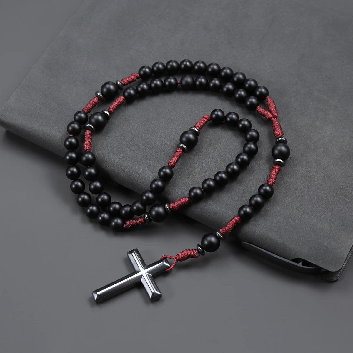 Matte Black Round Beads Red Cord Necklace with Cross Pendant Rosary for Men and Women