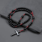 Matte Black Round Beads Red Cord Necklace with Cross Pendant Rosary for Men and Women