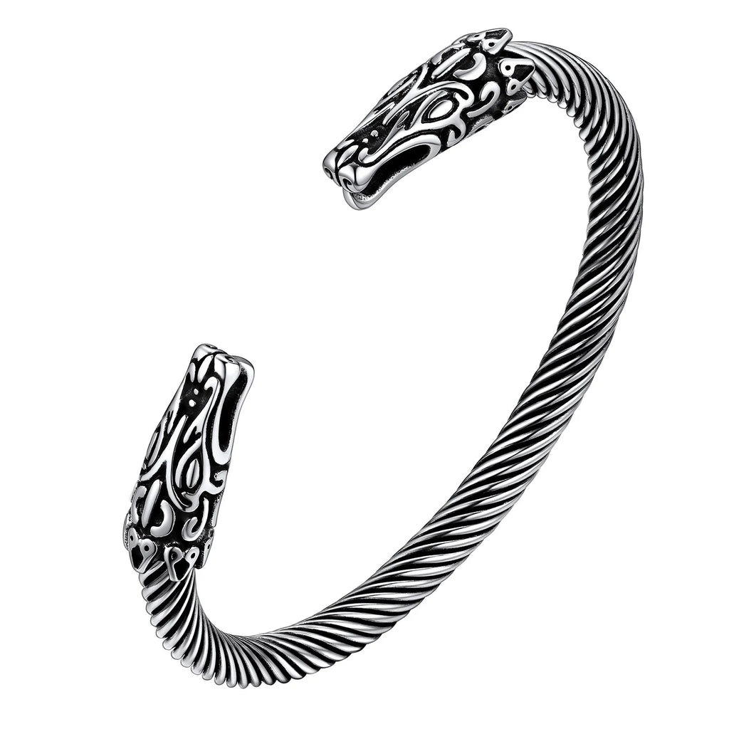 U7 Stainless Steel 6mm Wide Twristed Cable Open Bangle Cuff for Man Skull Dragon Long Charm End Rock Gothic Punk Jewelry Gift