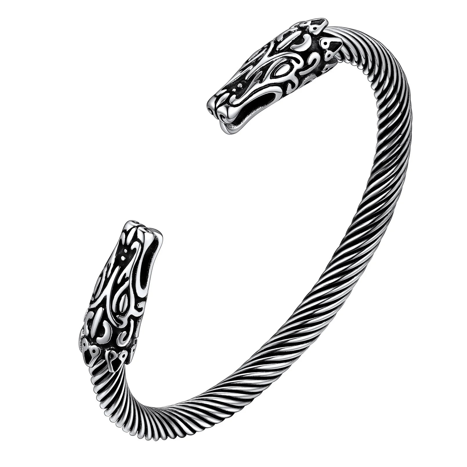 U7 Stainless Steel 6mm Wide Twristed Cable Open Bangle Cuff for Man Skull Dragon Long Charm End Rock Gothic Punk Jewelry Gift