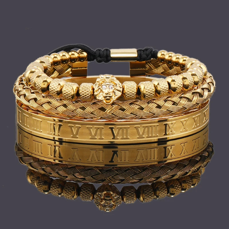 Lion Head Beaded Bangle Bracelet Set — Stainless Steel