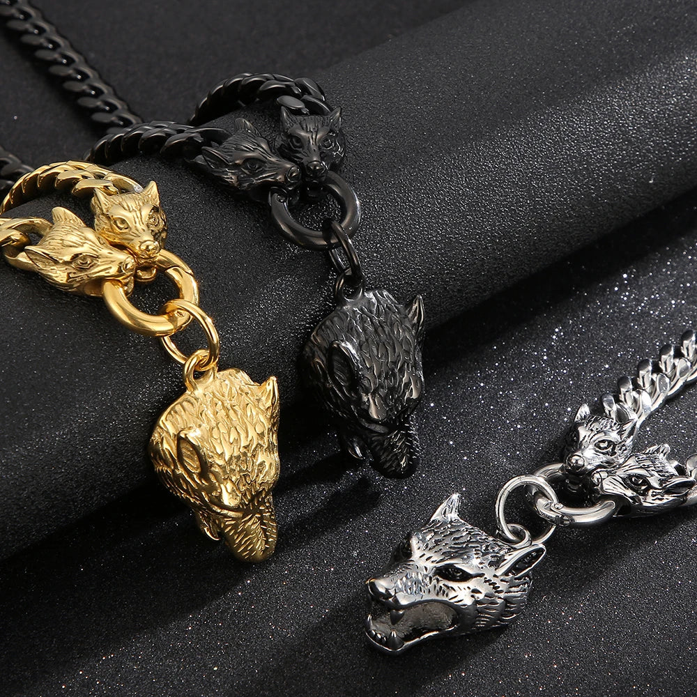 Curb Link Chain Men's Neck Necklaces for Man Gold Color Stainless Steel Wolf Head Man Pendant Necklace 65CM Long Viking