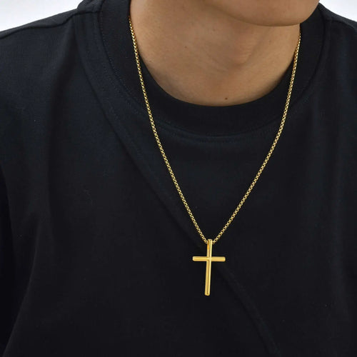 Simple Cross Box Chain Pendant Necklace — Stainless Steel