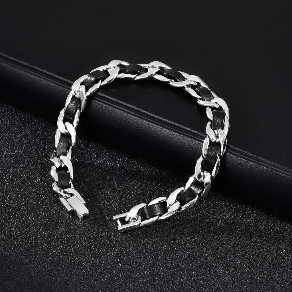 Cuban Black Leather Chain Bracelet — Stainless Steel