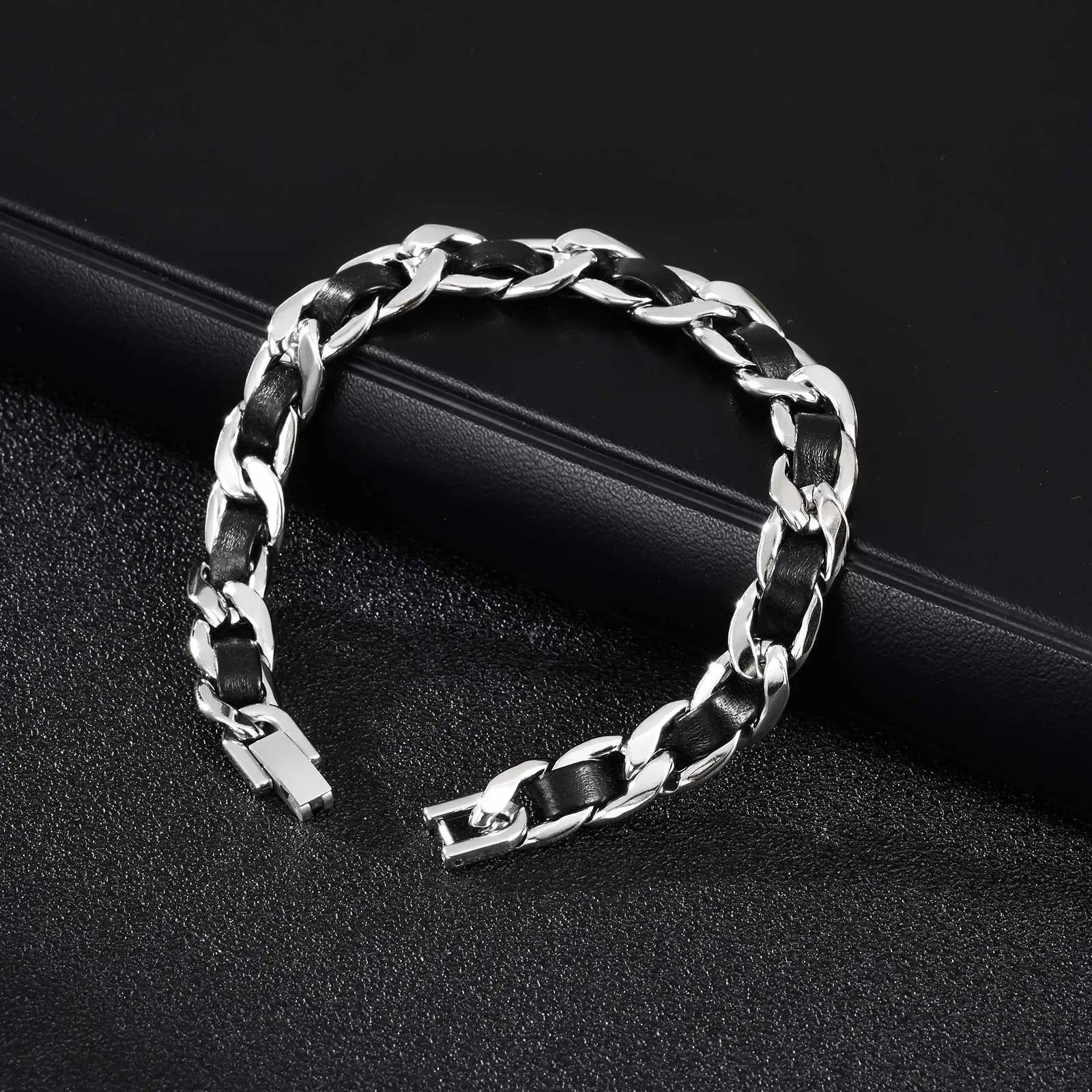 Cuban Black Leather Chain Bracelet — Stainless Steel