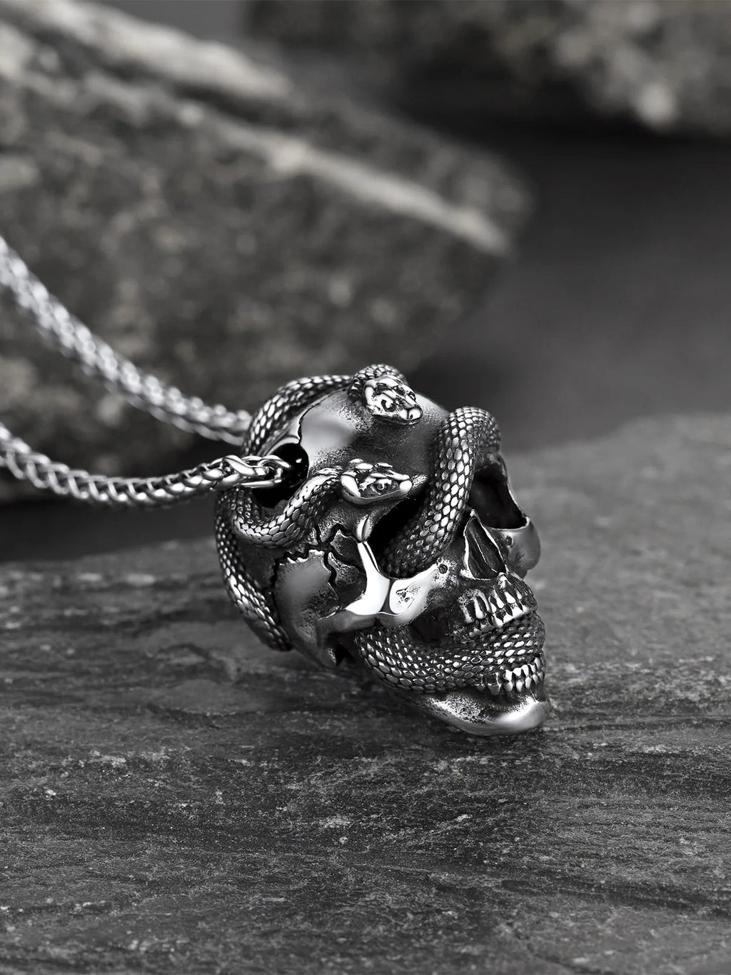 Snake Skull Pendant Necklace — Black Stainless 22"