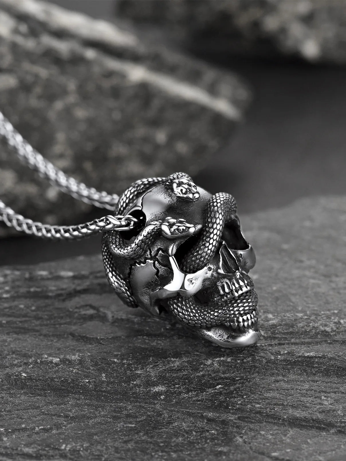 Snake Skull Pendant Necklace — Black Stainless 22"
