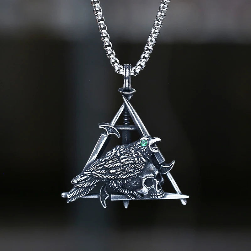 Gothic Bird & Skull Triangle Pendant — Green Eye, Stainless Steel