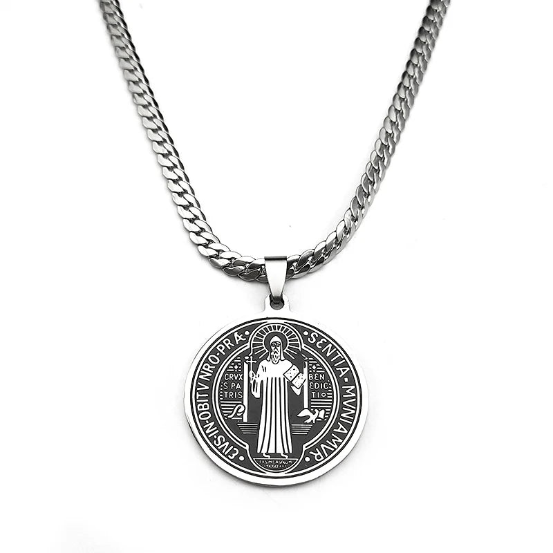 San Benito Exorcist Pendant Necklace for Women Men Stainless Steel Christian Saint Benedict Religious Amulet Chain