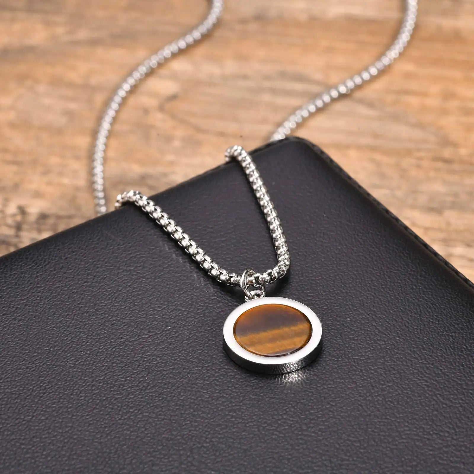 Tiger Eye Round Stone Pendant — Stainless