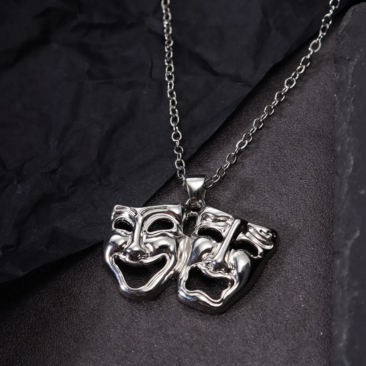 Tragedy Comedy Mask Pendant Necklace — Silver