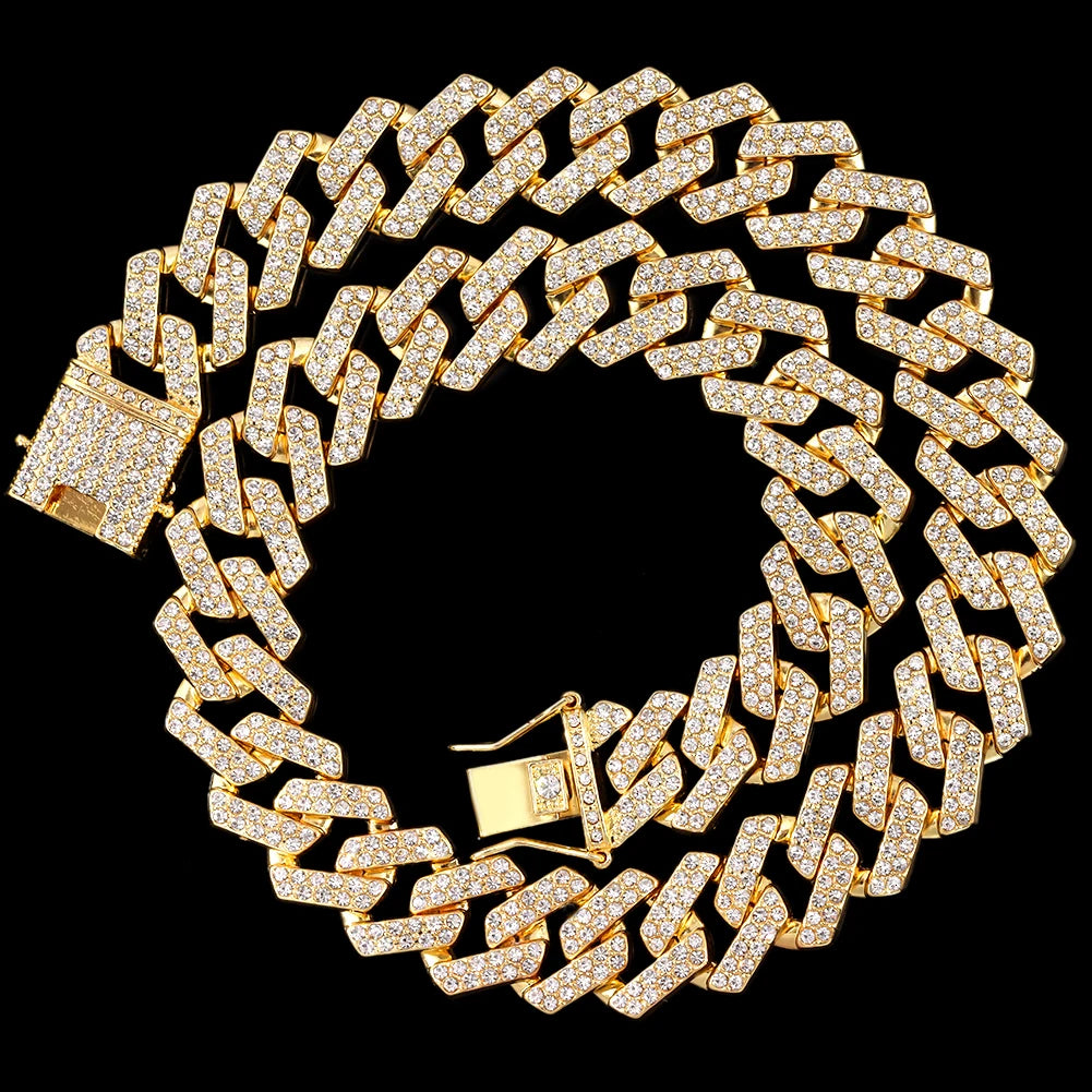 Hip Hop Men Iced Out Chain Prong Rhombus Cuban Link Necklace 14/20MM width Gold Silver Color Thick Cuban Chain Necklace