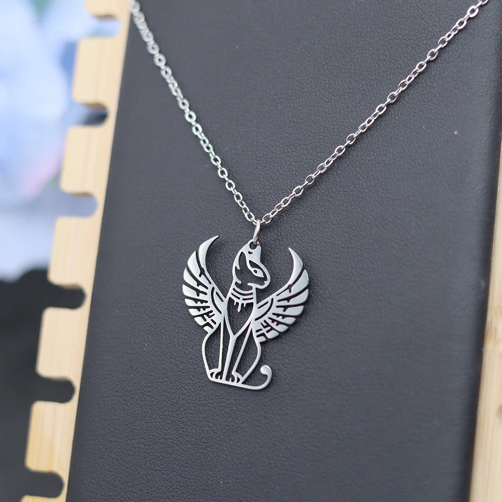 Kinitial Ancient Egyptian Mythology Sphinx Cat Pendant Necklace For Women Men Stainless Steel Trendy Chain Jewelry Gifts