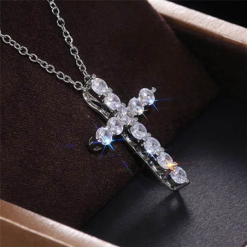 925 Sterling Silver Cross Necklaces for Female Brilliant Round CZ Stone Women's Neck Chain Hiphop Party Jewelry