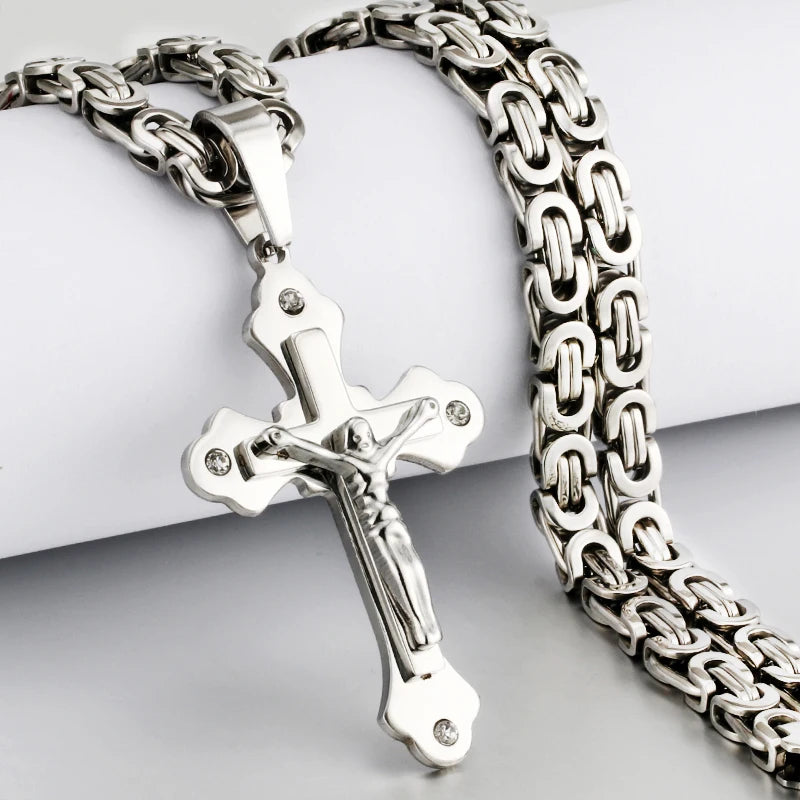 Crystal Crucifix Jesus Byzantine Chain Necklace — Stainless Steel
