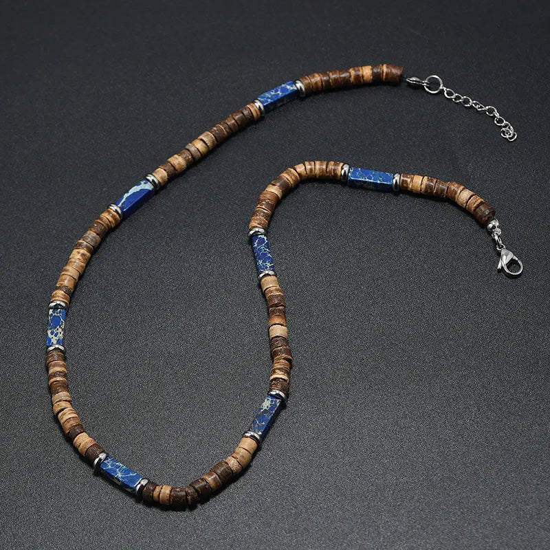 Vintage Bohemian Summer Jewelry Ethnic Style Jewelry Brown Coconut Shell Wood Beads Natural Stone Necklace Men's Jewelry