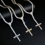 Iced Out Cross Pendant Tennis Chain Necklace — Copper Alloy