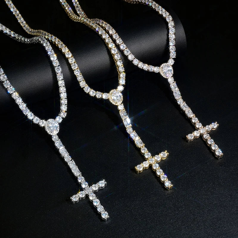 Iced Out Cross Pendant Tennis Chain Necklace — Copper Alloy