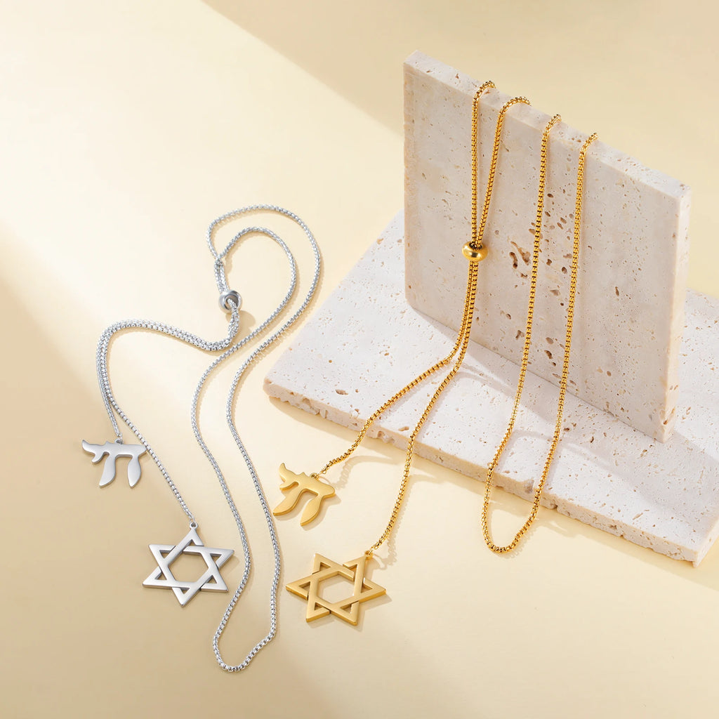 Star of David Chai Double Pendant Long Necklace — Stainless Steel