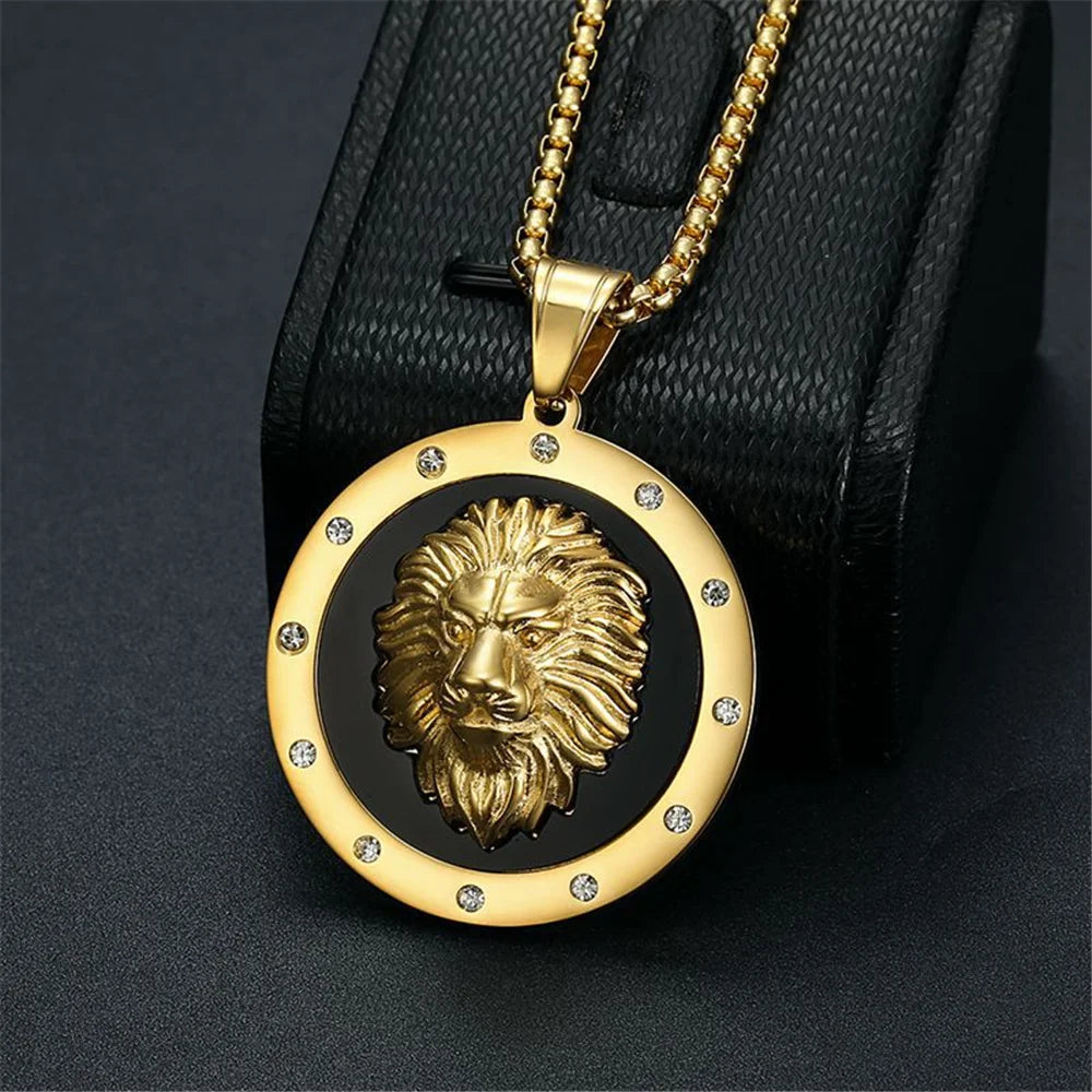 Punk Big Round Lion Head Pendant Male Gold Color Stainless Steel CZ Animal Necklaces For Men Fashion Party Jewelry Gift 2025