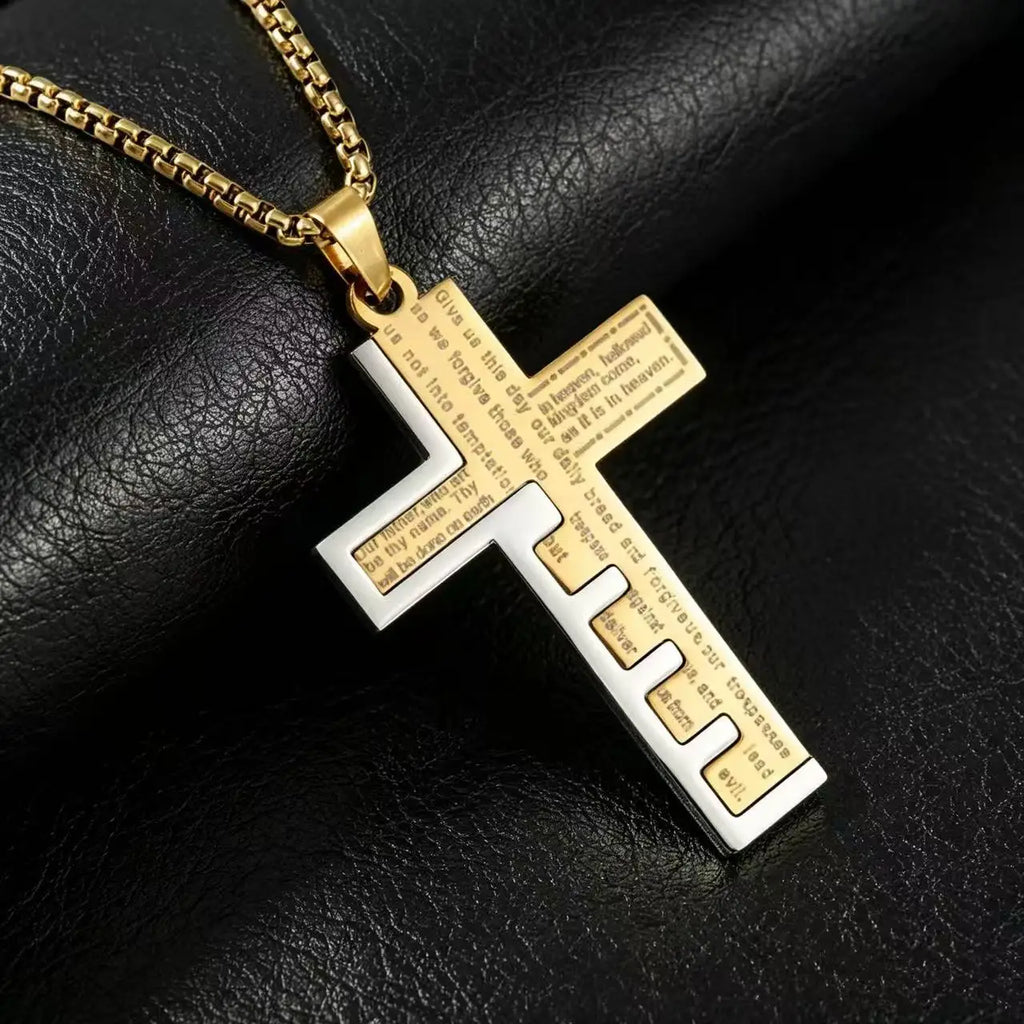 HNSP Stainless Steel Splice Bible Cross Pendant Necklace For Men Religion Christian Jewelry Accessories