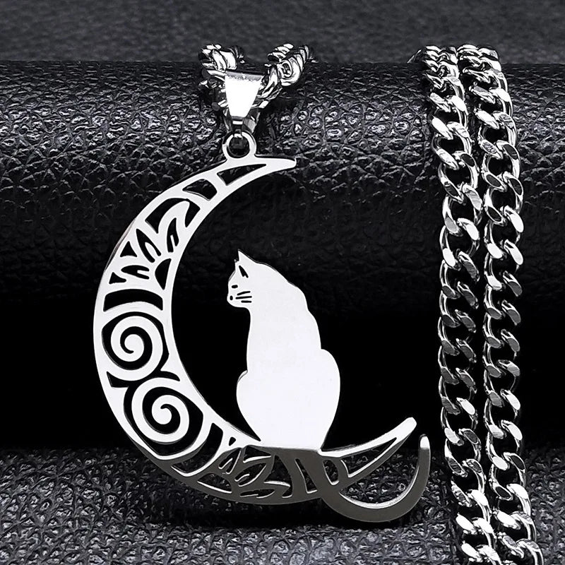 Wicca Moon Cat Choker — Stainless Steel