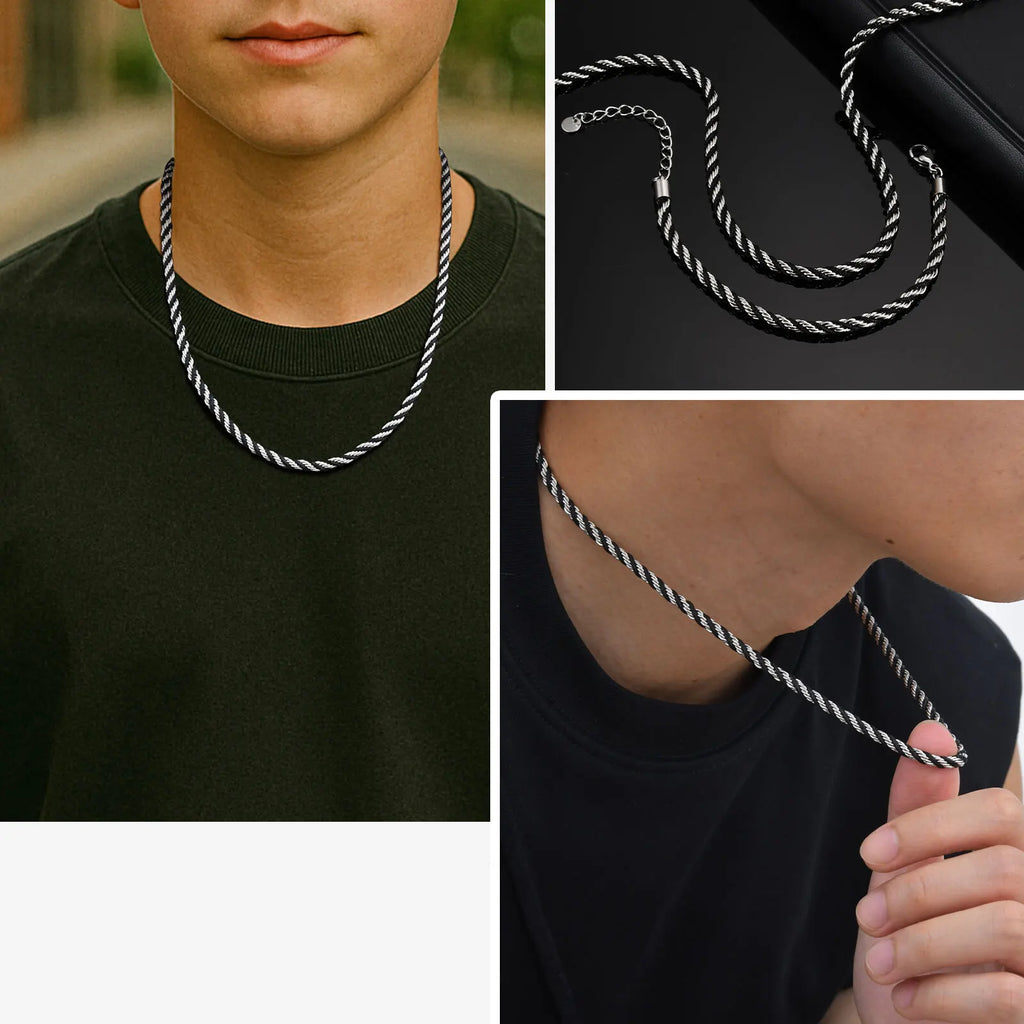 Vnox 3.8mm Rope Chain Necklaces for Men, Stainless Steel Adjustable Twisted Sigapore Link Choker, Casual Punk Rock Male Collar﻿