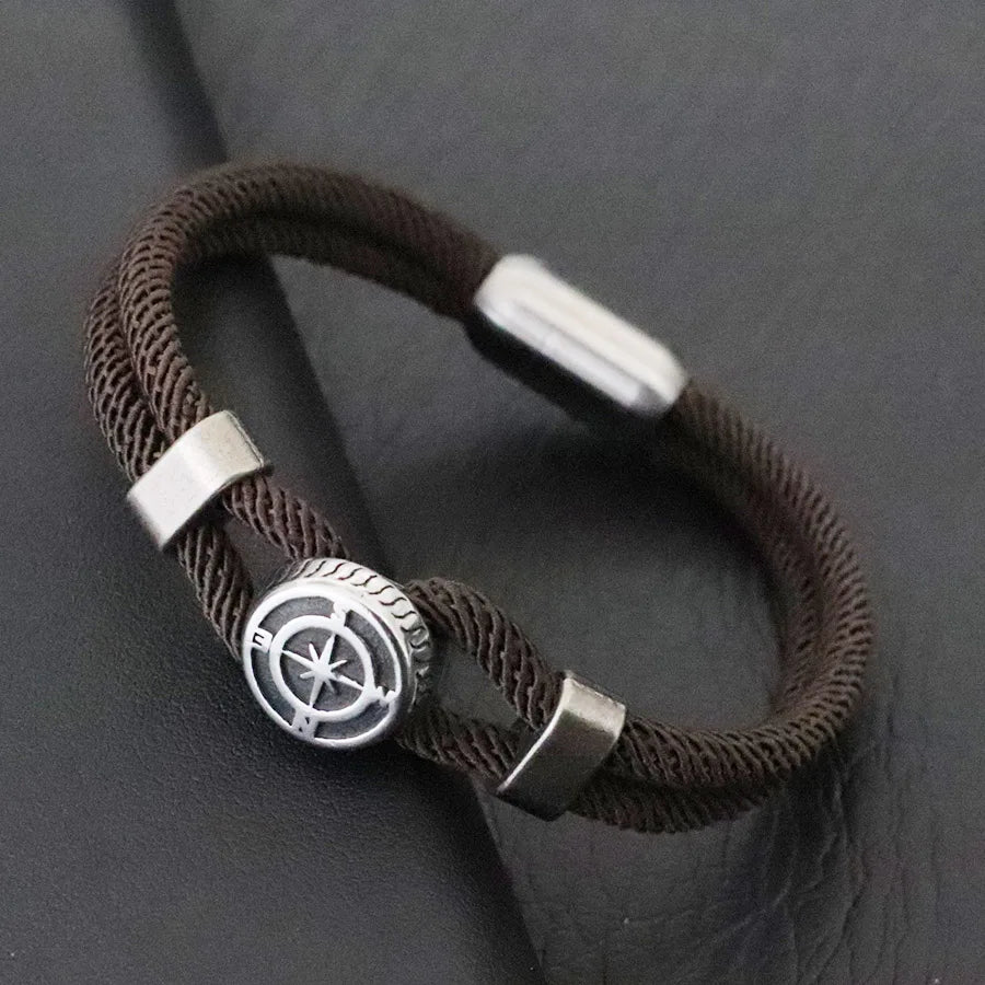 Pirate Style Nautical Compass Bracelet With Strong Magnetic Buckle Vintage Viking Bilayer Milan Rope Wrap Braslet Gift