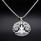 Buddhism Meditation Buddha Yoga Pendant Necklace Stainless Steel Tree of Life Buddhist Chakras Reiki Chain Jewelry Collar