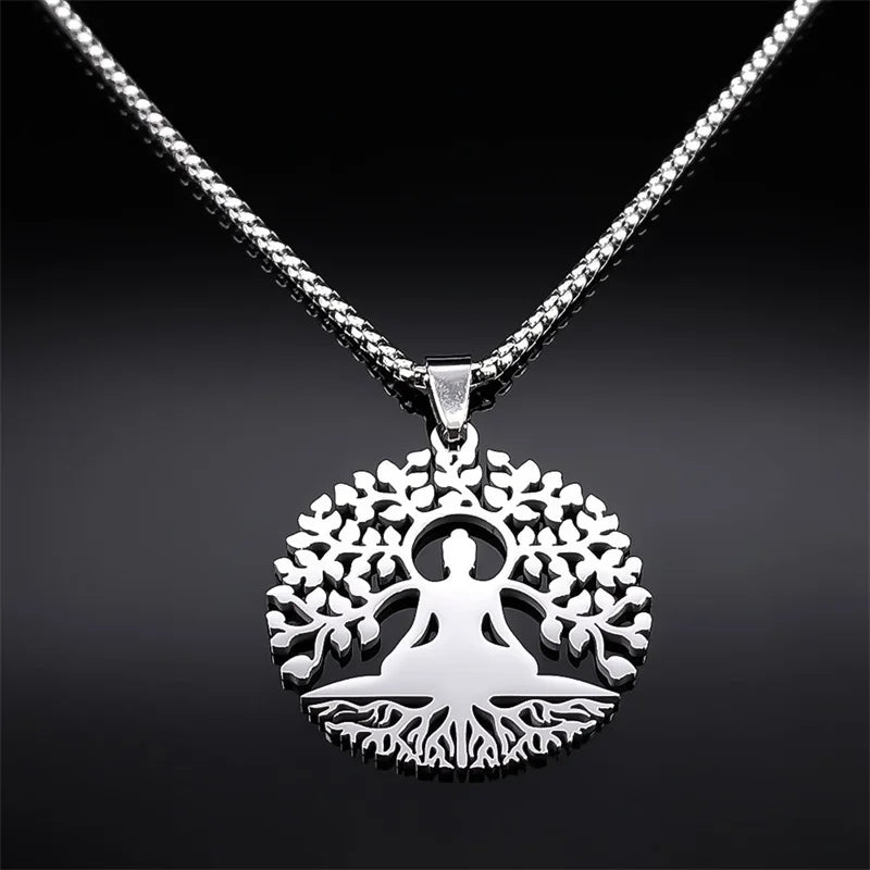 Buddhism Meditation Buddha Yoga Pendant Necklace Stainless Steel Tree of Life Buddhist Chakras Reiki Chain Jewelry Collar