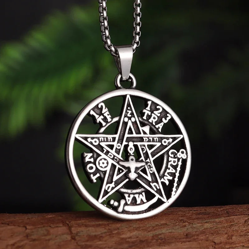 Stainless Steel Solomon Religious Seven Archangels Compass Pendant Necklace Men's Retro Lucky Amulet Jewelry