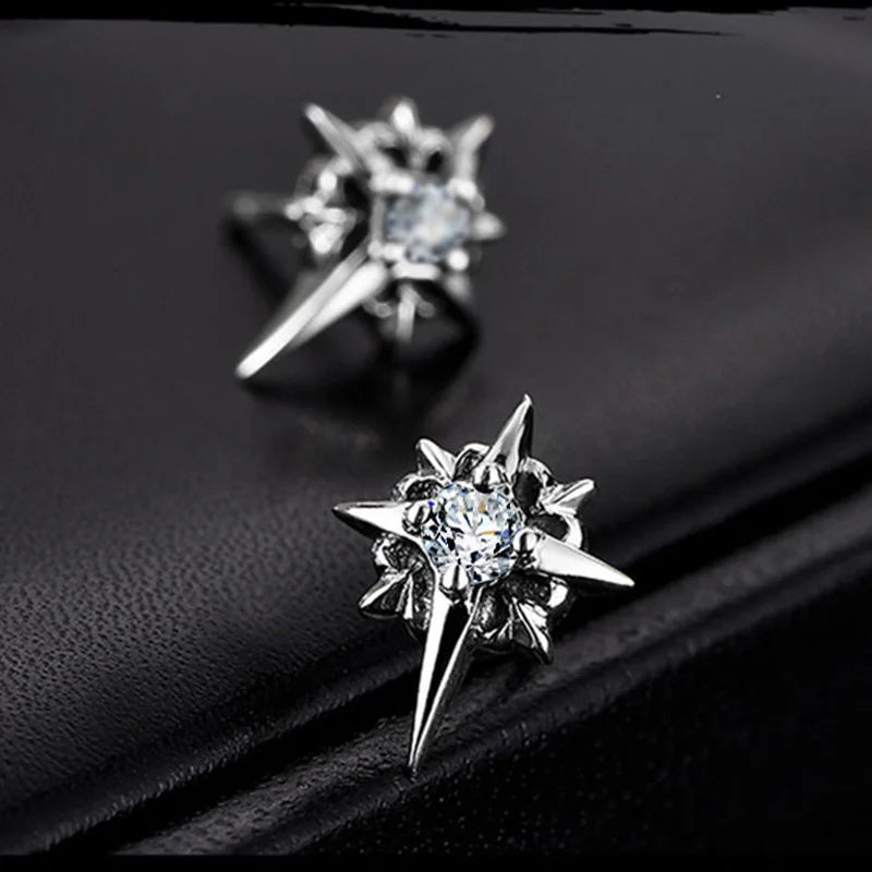 Black CZ Star Stud Earrings with Clear Crystal — Black-Tone