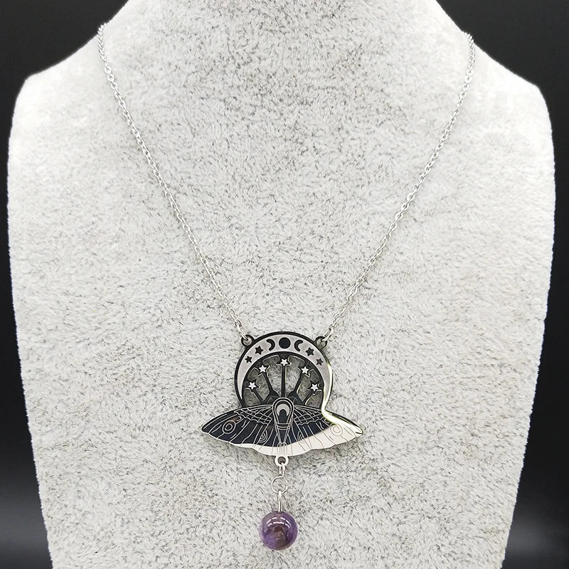 Bat Witchcraft Triple Moon Goddess Necklace Stainless Steel Women Silver Color Moth Necklace Jewerly Collar Mujer N3059S02