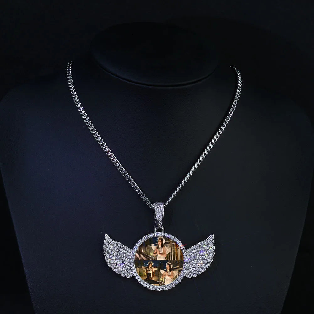 HHIOK Customized Necklaces Circle Chain Picture Personalized Diamond Memory Pendant with Photo Wing Design Gift for Men