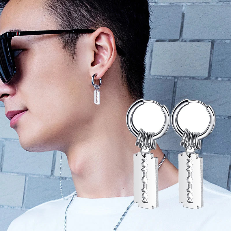 Fashion Stainless Steel Blade Earrings Vintage Razor Hollow Drop Earrings Women Men Punk Jewelry Hip Hop Street Dangle