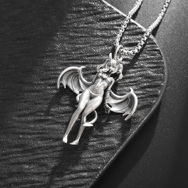 Gothic Punk Sexy Devil Bat Girl Goddess Pendant Necklace for Men and Women Hip Hop Trendy Halloween Cosplay Party