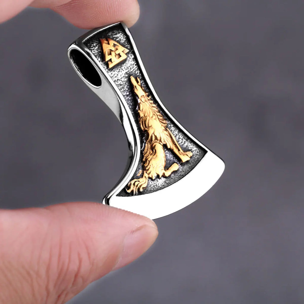 Vintage Viking Double Sided Axe Wolf and Crow Men Necklace Fashion Hip Hop Biker Pendant Stainless Steel Jewelry Gift