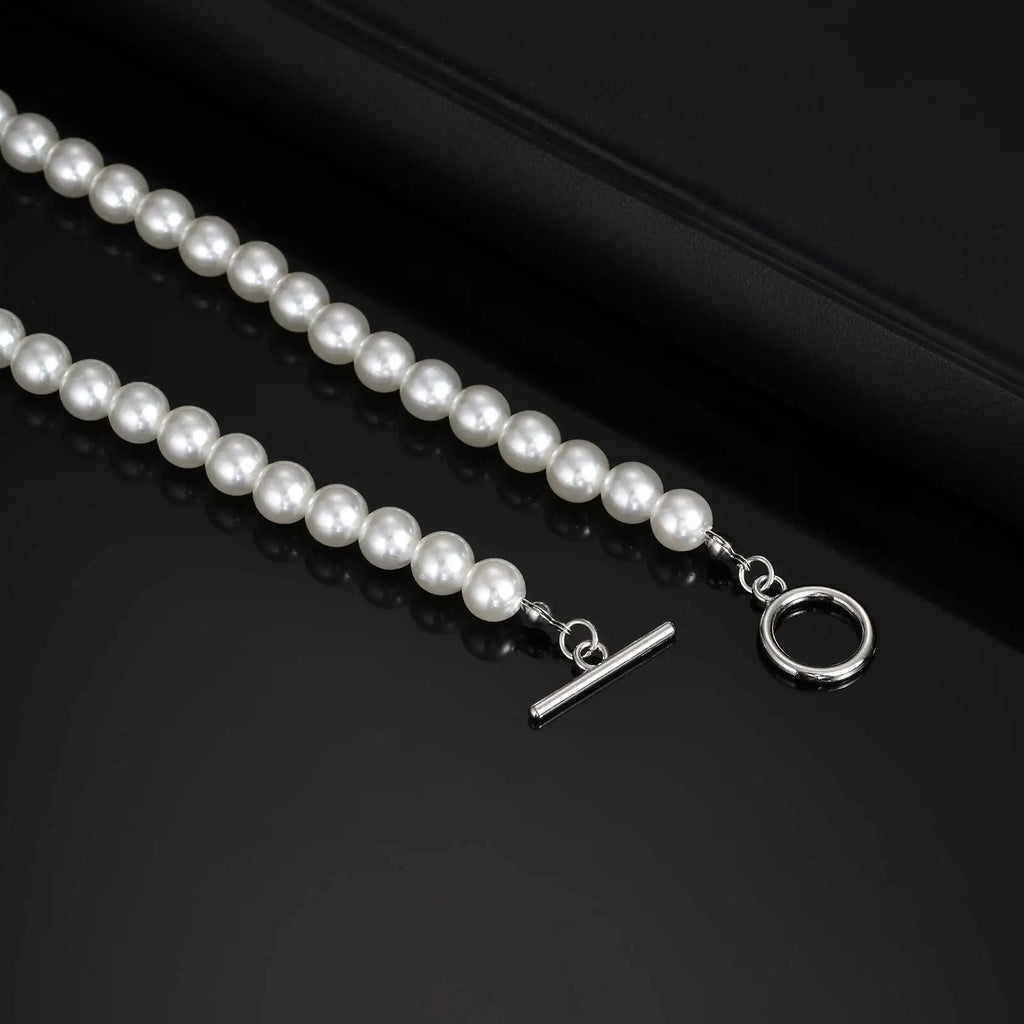 Fashion Metal OT Buckle Imitation Pearl Necklace for Men Women, Light Luxury Beads Neck Chain Jewelry Unisex