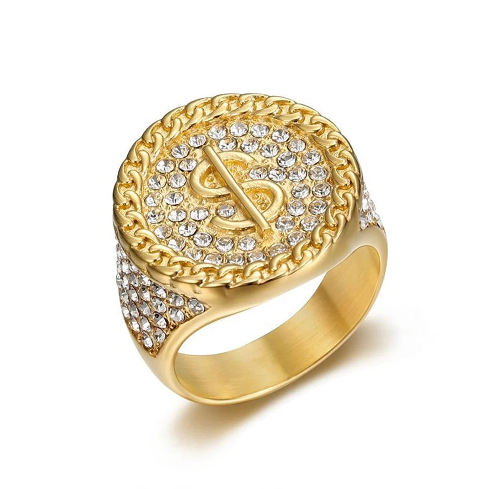 Hip Hop Iced Out Bling Dollar Signs Ring Male Gold Color Stainless Steel Rapper Big Round Money Rings For Men Party
