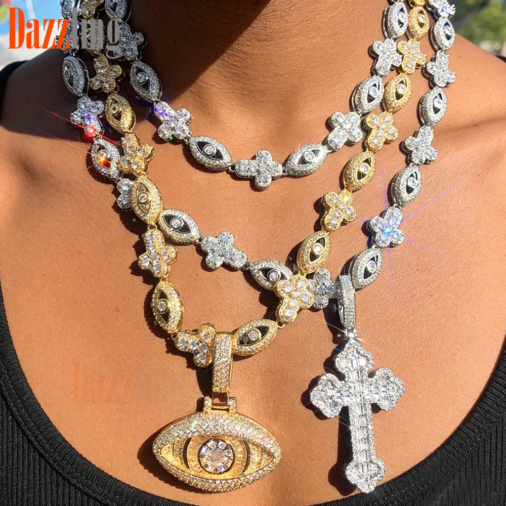 2026 New Iced Out Luxury Eye Cross Necklace Bling Cubic Zirconia Charm Tennis Chain for Men Women Hip Hop Jewelry