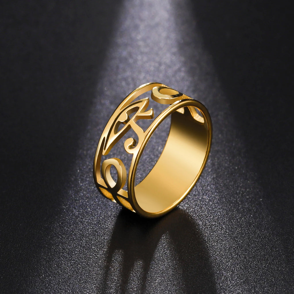 LIKGREAT Ancient Egypt Eye Of Horus Ring Stainless Steel Hollow Ra Udjat Finger Rings Accessories Ankh Cross For Women