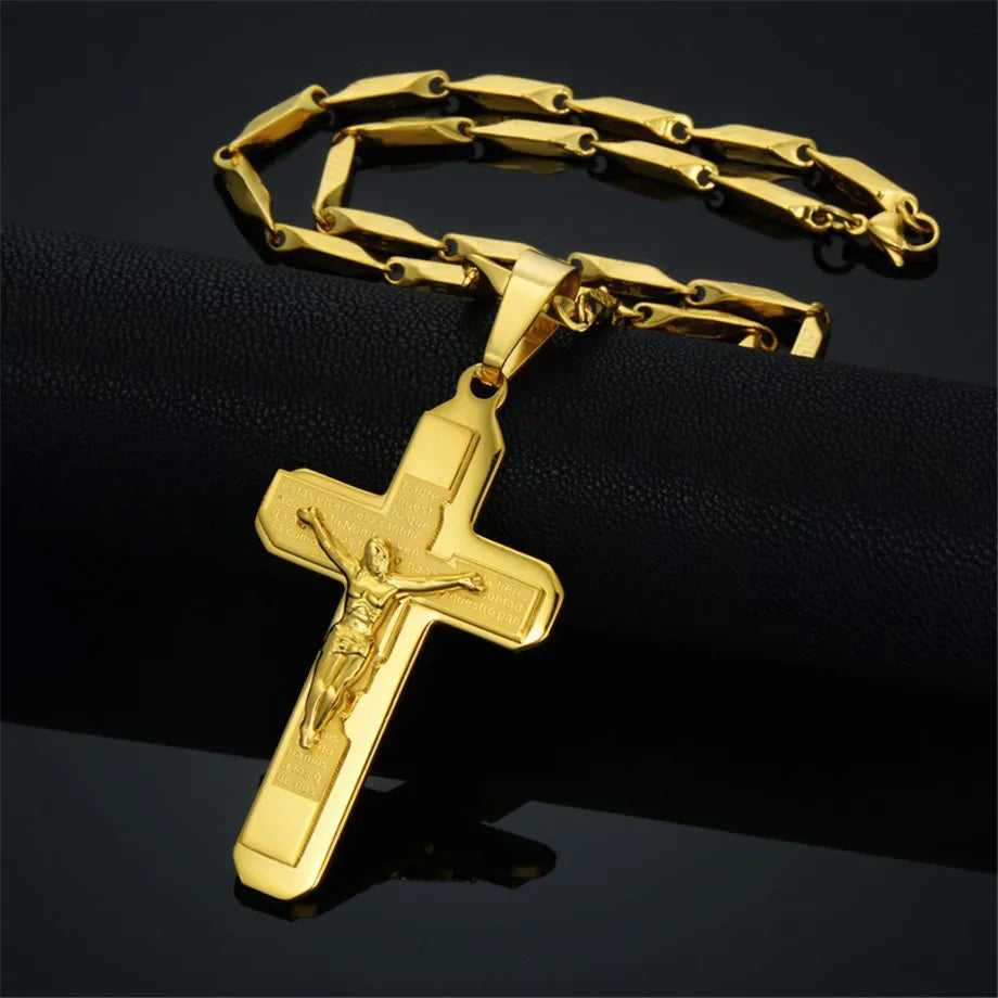 Mens Cross Pendant Necklace Large Black Bible Jesus Piece Christ Crucifix Male Christ Crucifix Stainless Steel Pendant for Men