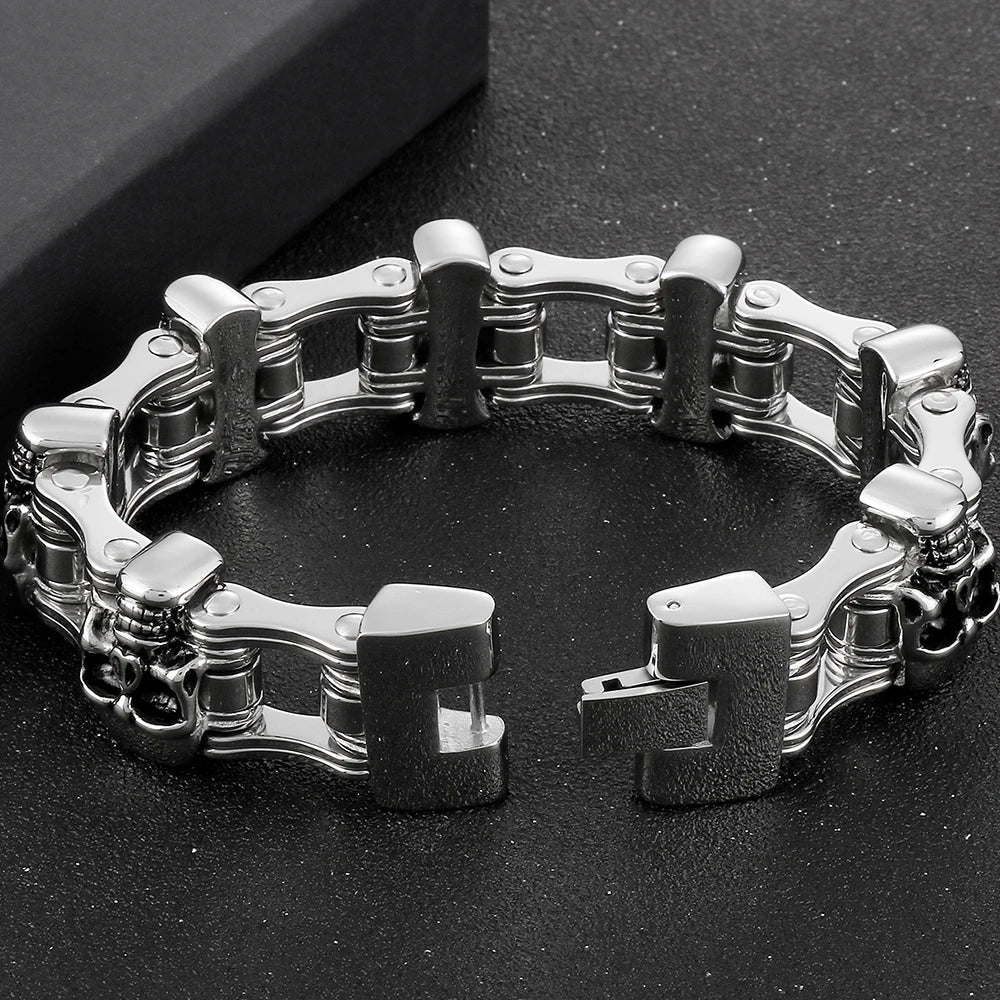 Men's Bike Chain Skull Bracelet Masculine Heavy Stainless Steel Skeleton Head Bracelets Party Accessories for Rapper