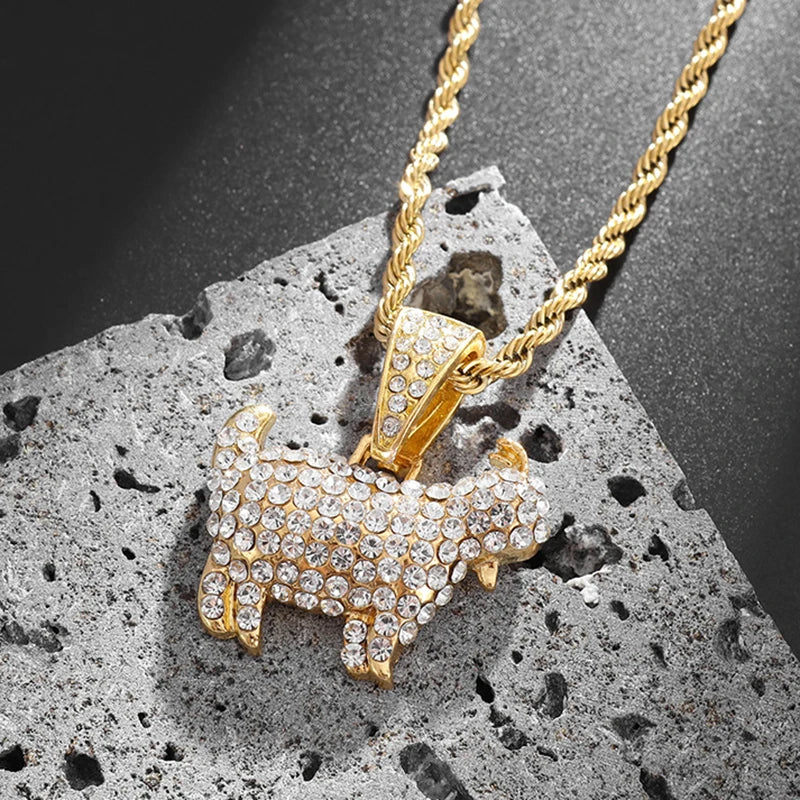Gold Iced Out Goat Pendant Rope Chain Necklace