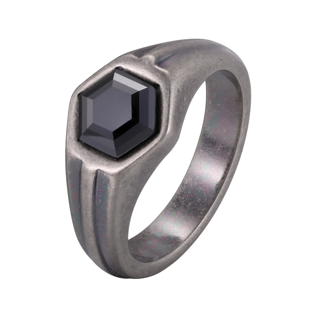 Punk Vintage Gray Stainless Steel Rings for Men Hexagon Black Zircon Ring Hip Hop Fashion Waterproof Finger Jewelry Party Gifts