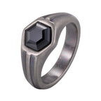 Punk Vintage Gray Stainless Steel Rings for Men Hexagon Black Zircon Ring Hip Hop Fashion Waterproof Finger Jewelry Party Gifts