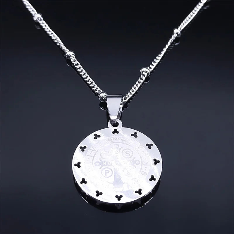 Catholic Saint Benedict Medal Necklace for Women Men Stainless Steel Silver Color San Benito Religious Chain Jewelry N8085S02