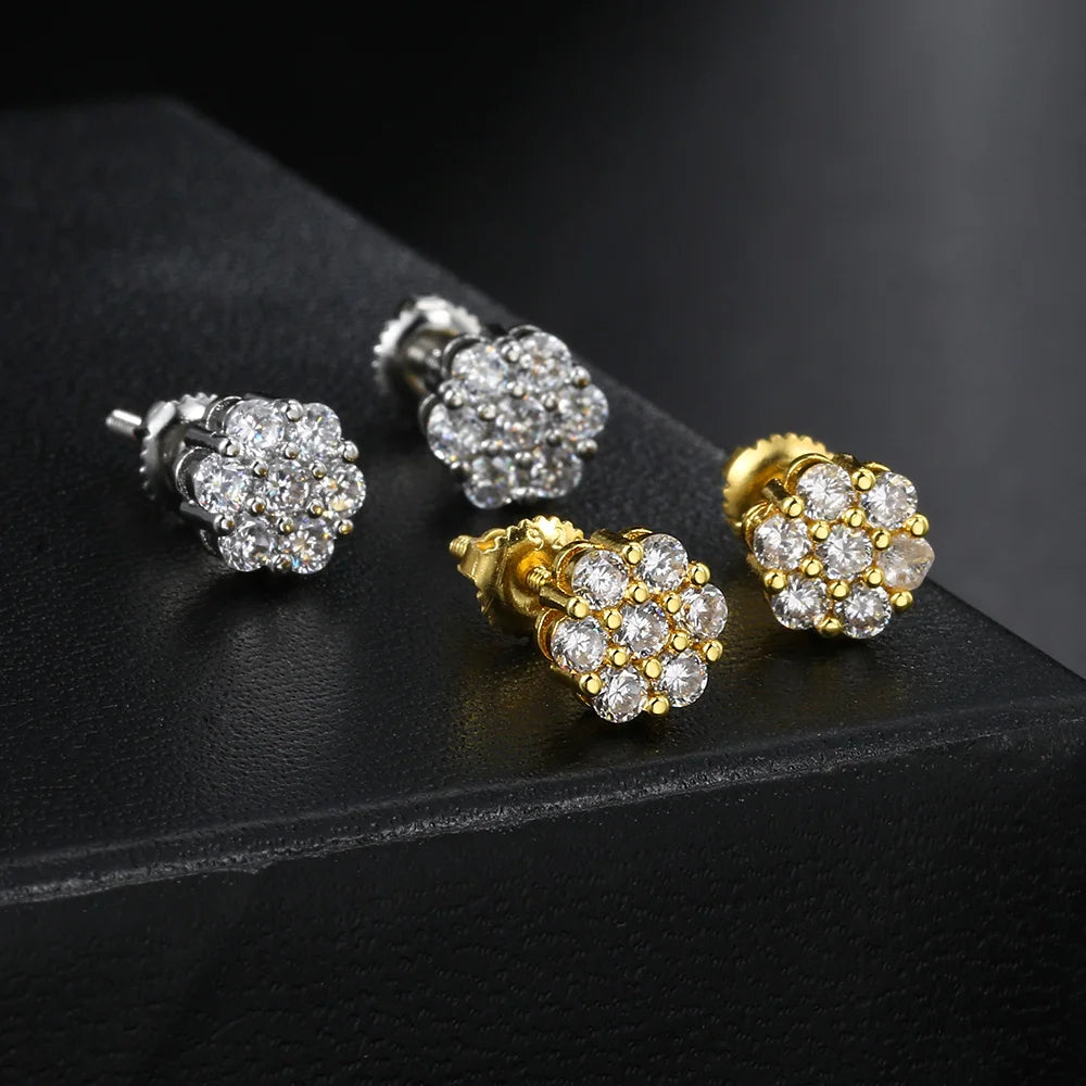 Iced Out Flower Stud Earrings — Gold